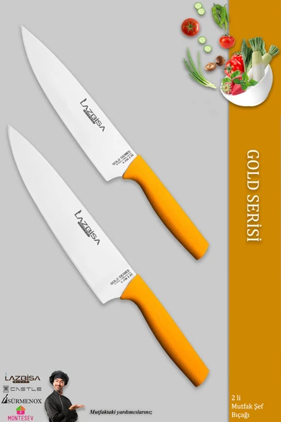 LAZBİSA Gold Serisi Mutfak Şef Bıçağı Seti Et Ekmek Sebze Şef Bıçak 2 Li Set Günlük Kullanım ( Mtf-022)