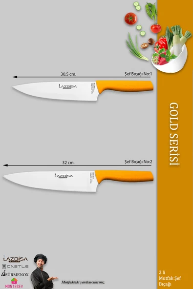 LAZBİSA Gold Serisi Mutfak Şef Bıçağı Seti Et Ekmek Sebze Şef Bıçak 2 Li Set Günlük Kullanım ( Mtf-022) - 2
