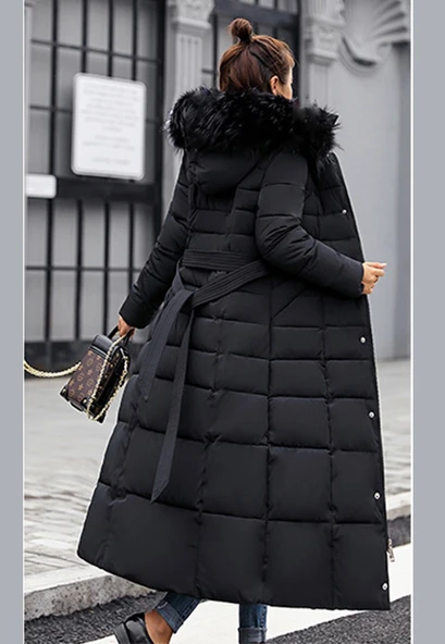 Kışlık Uzun Kürklü Kapüşonlu Kadın Şişme Mont - Resim 5