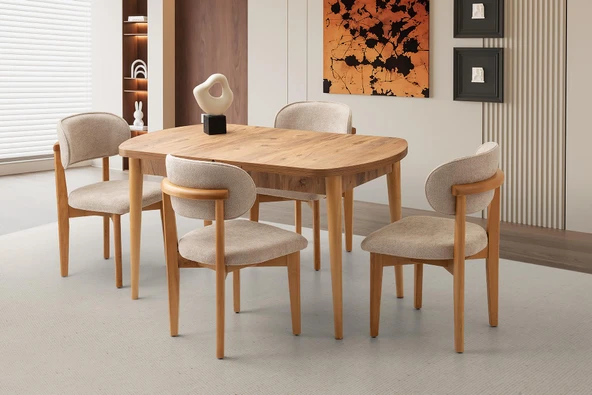 Kelebek Gizli Kaşıklıklı Masa 4 Adet Ahşap Nergis Sandalye Takım