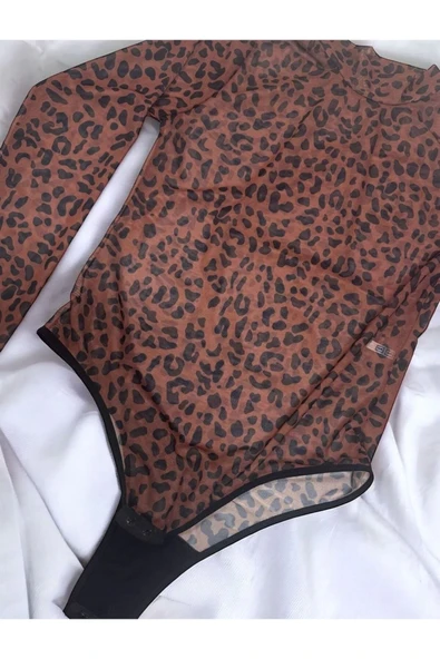 Yüksek Kalite Kadın Leopar Desenli Zarif Ve Şık Soft Dantel Çıtçıtlı Bodysuit - 5