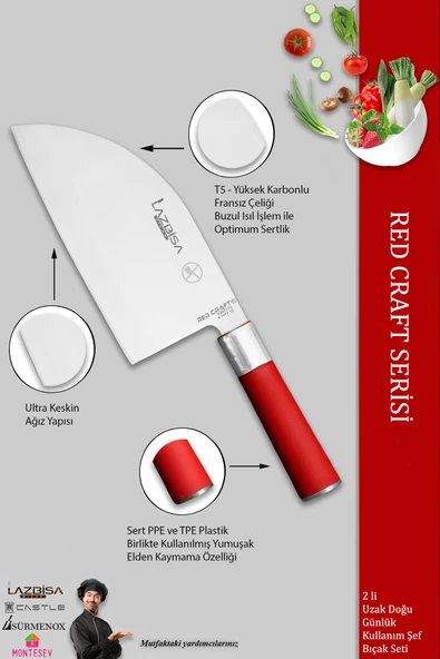 LAZBİSA Red Craft Serisi Mutfak Şef Bıçak Seti Et Ekmek Sebze Bıçağı Günlük Kullanım (MFT-005) - 3