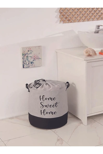 Home Sweet Home Baskılı Fileli Gri Kıyafet Çamaşır Sepeti 37x40 - 3