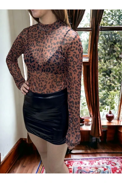 Yüksek Kalite Kadın Leopar Desenli Zarif Ve Şık Soft Dantel Çıtçıtlı Bodysuit - 4