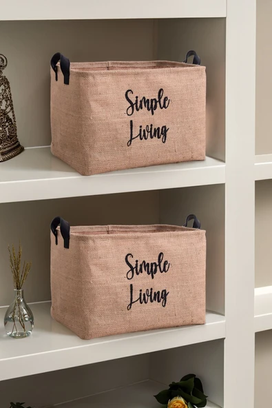 2'li Jüt Orta Boy Simple Living Baskılı Düzenleyici Saklama Sepeti Set 30x22x18