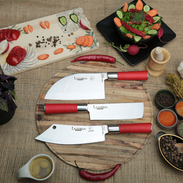 LAZBİSA Mutfak Bıçak Seti Et Sebze Ekmek Meyve Şef Bıçağı 3 lü Red Craft Serisi ( Action & Almazan & Nakiri )