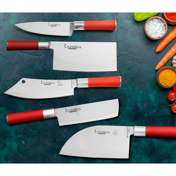 LAZBİSA Mutfak Bıçak Seti Et Sebze Şef Bıçağı 5li RedCraft Action Almazan Çin Satırı Nakiri Şef