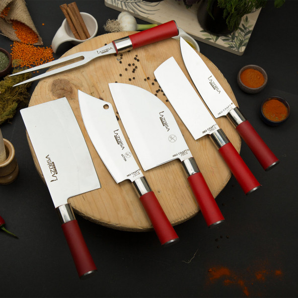 LAZBİSA Mutfak Bıçak Seti Et Sebze Şef Bıçağı 6 lı Set Action Almazan Çin Satırı Nakiri Şef 2 Çatal