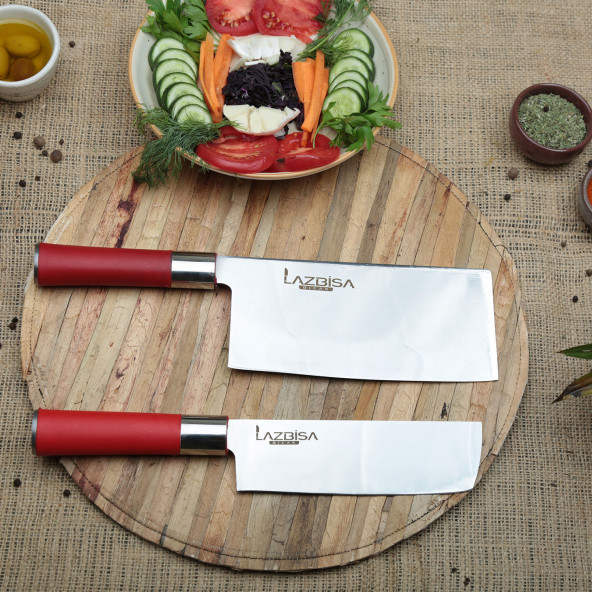 LAZBİSA Mutfak Bıçak Seti Et Kemik Sebze Ekmek Meyve Şef Bıçağı Red Craft Serisi (Çin Satırı-Nakiri)