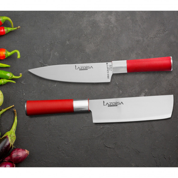 LAZBİSA Mutfak Bıçak Seti Et Kemik Sebze Ekmek Meyve Şef Bıçağı Red Craft Serisi ( Nakiri - Şef 2 )