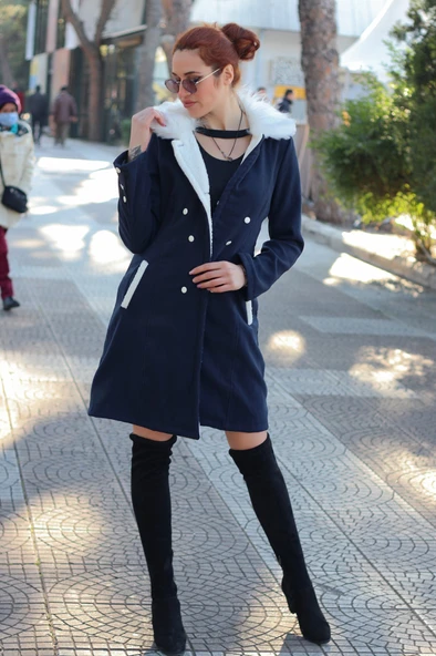 Kışlık Günlük Peluş Yaka Kaşe Kadın Kaban - 2