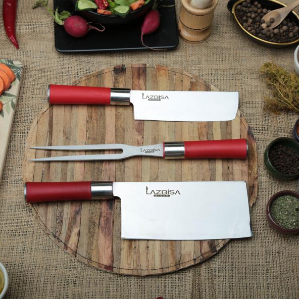 LAZBİSA Mutfak Bıçak Seti Et Kemik Sebze Ekmek Şef Bıçağı RedCraft Seri(ÇinSatırı-Nakiri-UzunÇatal )