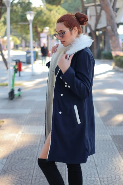 Kışlık Günlük Peluş Yaka Kaşe Kadın Kaban - 3