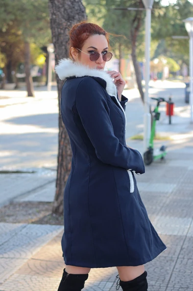 Kışlık Günlük Peluş Yaka Kaşe Kadın Kaban - 5