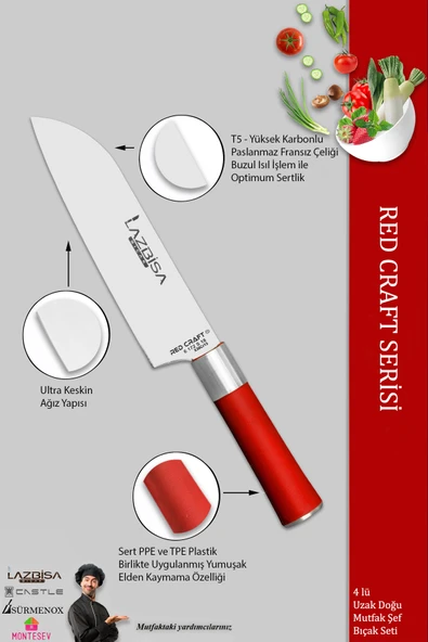 LAZBİSA Red Craft Serisi Mutfak Şef Bıçak Seti Et Ekmek Sebze Bıçağı 4 Lü Set Günlük Kullanım (MFT-325) - 4