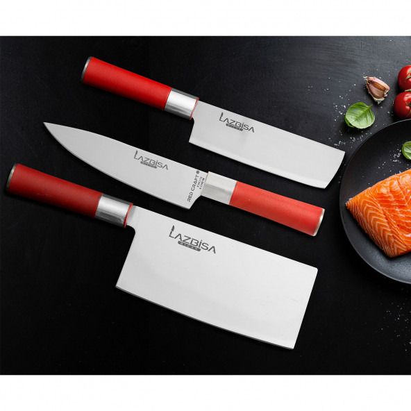 LAZBİSA Mutfak Bıçak Seti Et Kemik Sebze Ekmek Şef Bıçağı Red Craft Seri( ÇinSatırı - Nakiri - Şef No2 )