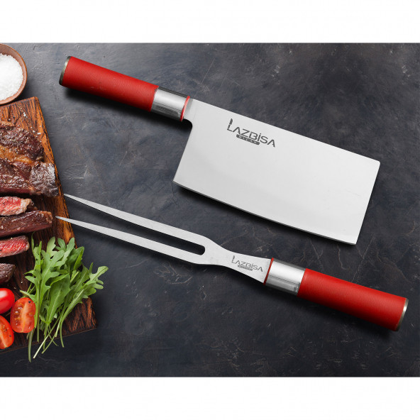 LAZBİSA Mutfak Bıçak Seti Et Sebze Ekmek Şef Bıçağı Red Craft Seri Çin Satırı Uzun Çatal