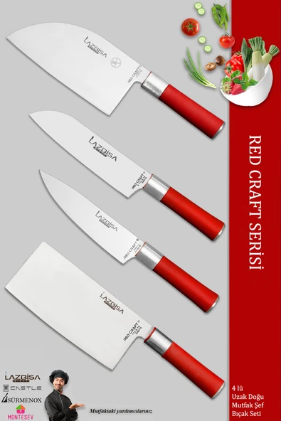 LAZBİSA Red Craft Serisi Mutfak Şef Bıçak Seti Et Ekmek Sebze Bıçağı 4 Lü Set Günlük Kullanım (MFT-325) - 2