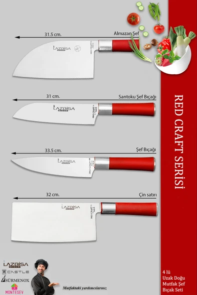 LAZBİSA Red Craft Serisi Mutfak Şef Bıçak Seti Et Ekmek Sebze Bıçağı 4 Lü Set Günlük Kullanım (MFT-325) - 3