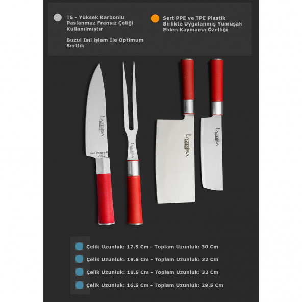 LAZBİSA Mutfak Bıçak Seti Et Sebze Ekmek Şef Bıçağı Red Craft Seri Çin Satırı Çatal Nakiri Şef 2 - 4