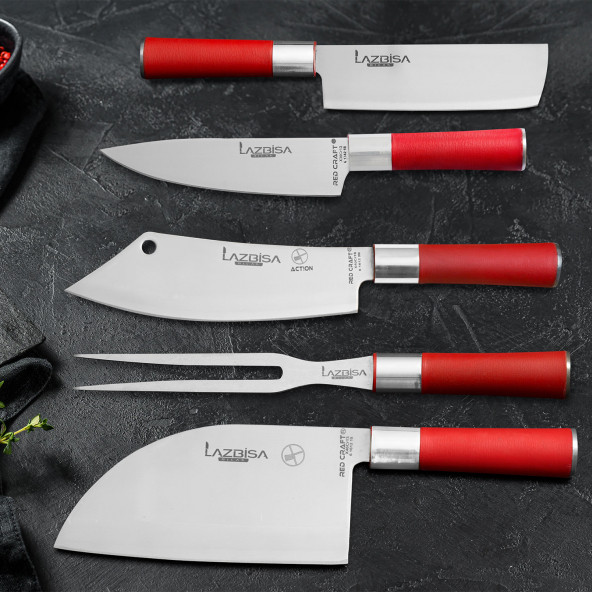 LAZBİSA Mutfak Bıçak Seti Et Sebze Şef Bıçağı 5li Red Craft Action Almazan Uzun Çatal Nakiri Şef 2