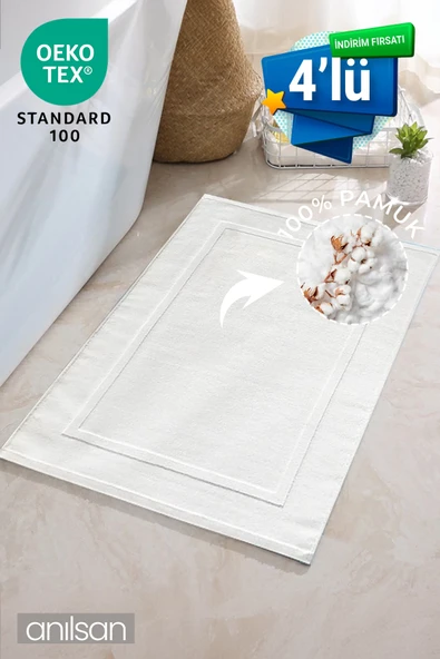 4'lü Beyaz Ayak Havlusu - 50x70 Cm, 245 Gr, %100 Pamuk, Spa Ve Otel Banyo Paspası, Günlük Kullanıma Uygun