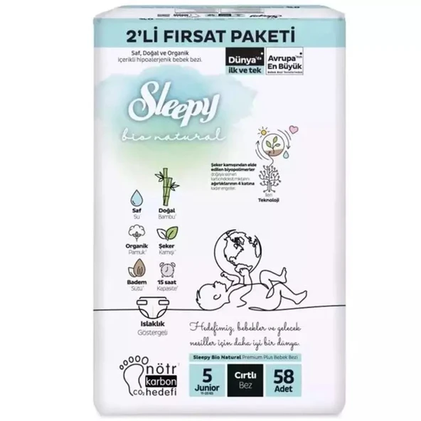 Sleepy Bio Natural Bebek Bezi 2'Li Fırsat Paketi 5 Beden 58 Adet - 3
