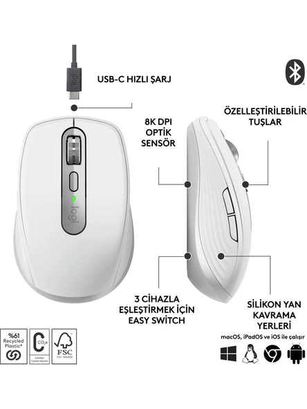 Logitech MX Anywhere 3 910-005989 Gri Şarjlı Lazer Kablosuz Mouse - 5