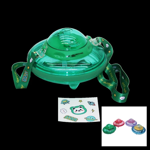 UFO MODELİ RENKLİ MİKA KRİSTAL SULUK MATARA PİPETLİ - TAŞIMA ASKILI 550ML (4172) - 1
