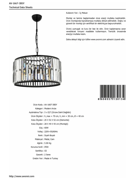 Avonnı Av-60029-3Bsy Siyah Boyalı Modern Avize E27 Metal Cam 40Cm - 6