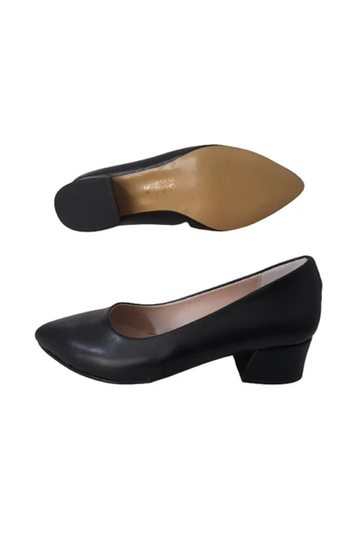 Kadın Siyah Deri Şık Kalın Alçak Topuklu Ayakkabı - Resim 5