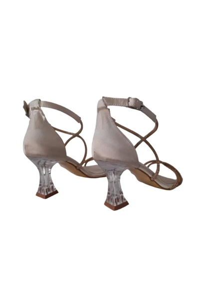 kadın krem-taşlı şık cam kadeh topuklu abiye ayakkabı - Resim 2