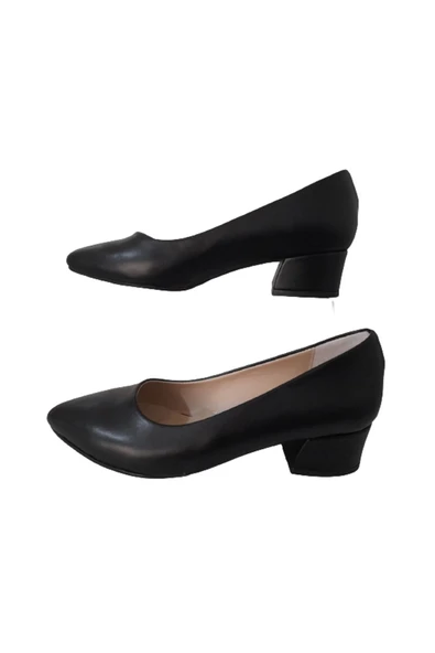 Kadın Siyah Deri Şık Kalın Alçak Topuklu Ayakkabı - Resim 2