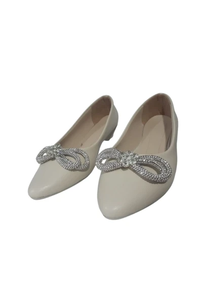 La Meira Shoes Kadın Krem Taş Fiyonklu Günlük Şık Babet Lmra210-663 - Resim 3