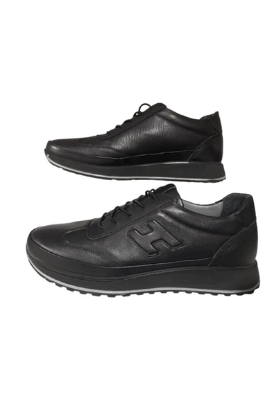 Erkek Siyah-Lastikli Hakiki Deri Ortopedik Taban Günlük Şık Ayakkabı - 4