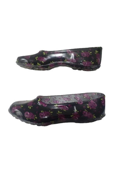 Lastik Kadın Siyah-Mor Çiçek Desenli Kaymaz Taban Iş Ayakkabısı Kkk8545 - Resim 3