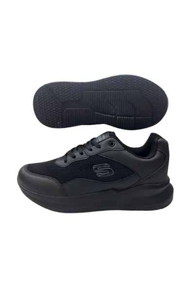 Unısex Siyah-Siyah Kaymaz Taban Ultra Hafif Bağcıklı Günlük Spor Ayakkabı - Resim 5