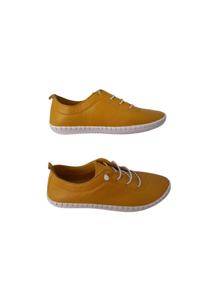 Polo Sarı Kadın Hakiki Deri Bağcığı Lastikli Şık Ayakkabı - Resim 2