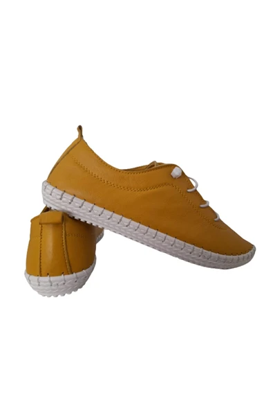 Polo Sarı Kadın Hakiki Deri Bağcığı Lastikli Şık Ayakkabı - Resim 4
