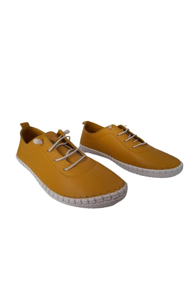 Polo Sarı Kadın Hakiki Deri Bağcığı Lastikli Şık Ayakkabı - Resim 3