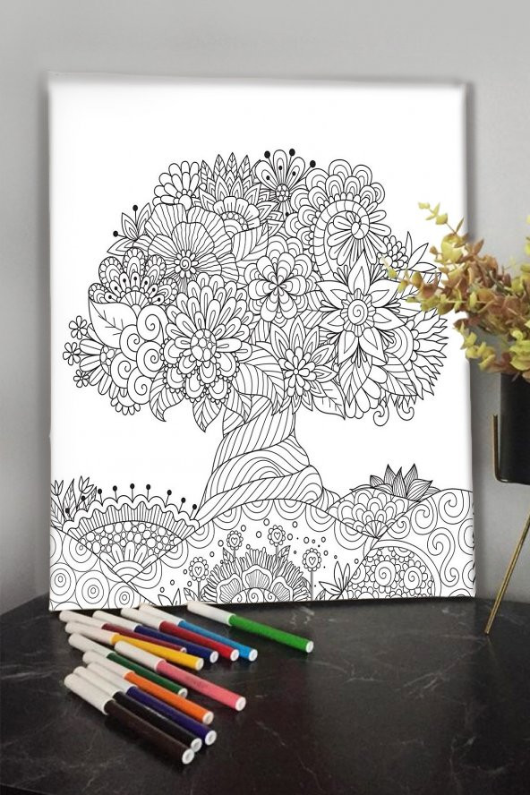 Ağaç 40x30cm Çocuklar için özel Boyanabilir Tablo Mandala Tablo 12li Keçeli Kalem Hediyeli
