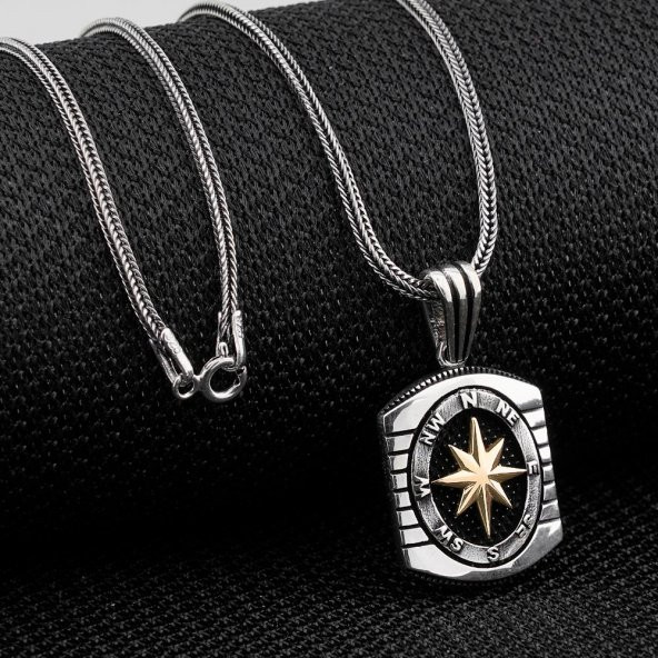 Özel Pusula Tasarımlı 925 Ayar Gümüş Kolye 60 CM Kalın Zincirli - Resim 2