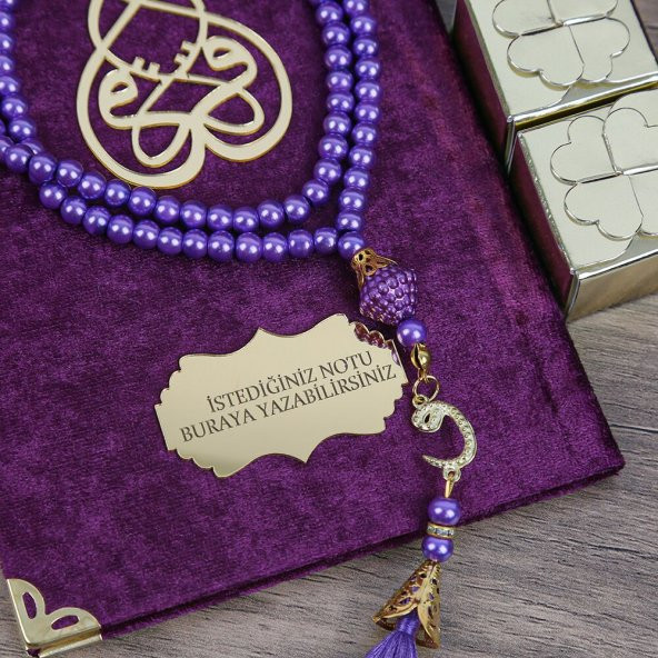 Hediyelik Kadife Kaplı Yasin (Çanta Boy), İnci Tesbih, Kuş Lokumu, Gold Asetat Kutulu (20×20) Mevlid Paketi-Mor - 2