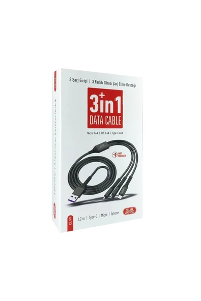 3in1 Şarj Kablosu ( Micro USB 3.4A)-(Type C 66W)-( Lightning 3.4A) 1.2 Metre (Zpx)-CL99 - 3