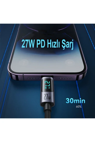 Apple İphone 11 Pro Max Uyumlu Şarj Kablosu Lightning 1.2M 27W Dijital Göstergeli