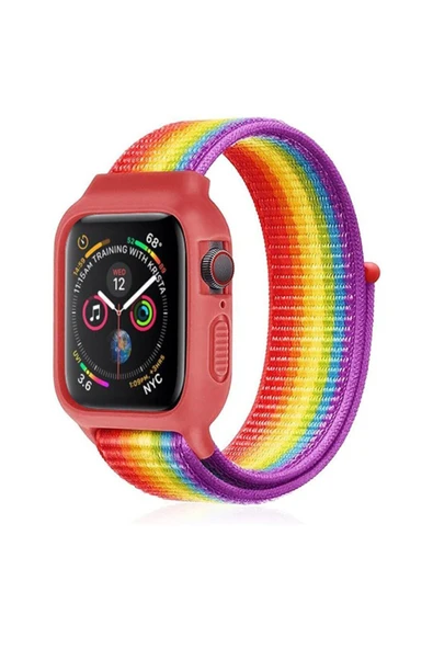 Apple Watch 38  Uyumlu  mm Hasırlı Cırtcırtlı Kasalı Kordon 2/3/4/5/6/7/8 Azn-Kasalı