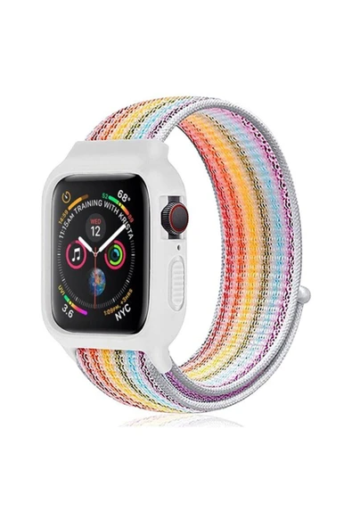 Apple Watch 40 mm Hasırlı Cırtcırtlı Kasalı Kordon 2/3/4/5/6/7/8 Azn-Kasalı