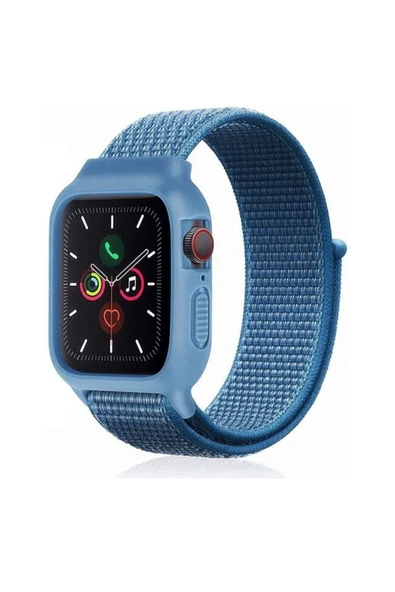 Apple Watch 44 mm Hasırlı Cırtcırtlı Kasalı Kordon 2/3/4/5/6/7/8 Azn-Kasalı