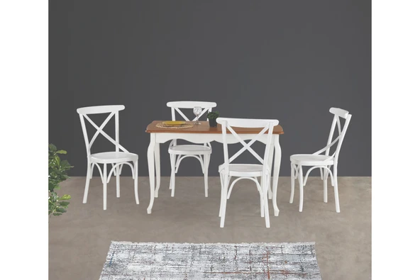 Ada Lükens Masa Ve Çarpı Çıtalı Tonet Sandalye Takımı, Ekru, 125X80