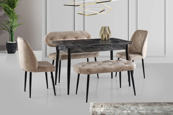 Ay Masa Ve Sandalye Bench Takımı, Krem Siyah, 120X70